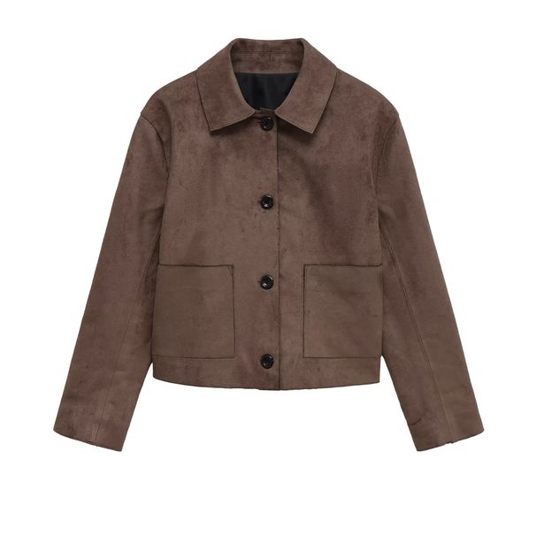 Veste courte en similicuir pour femme avec revers crantés et effet 3D, blazer décontracté pour le bureau et le quotidien (XS/S/M/L, marron)_voghion.com