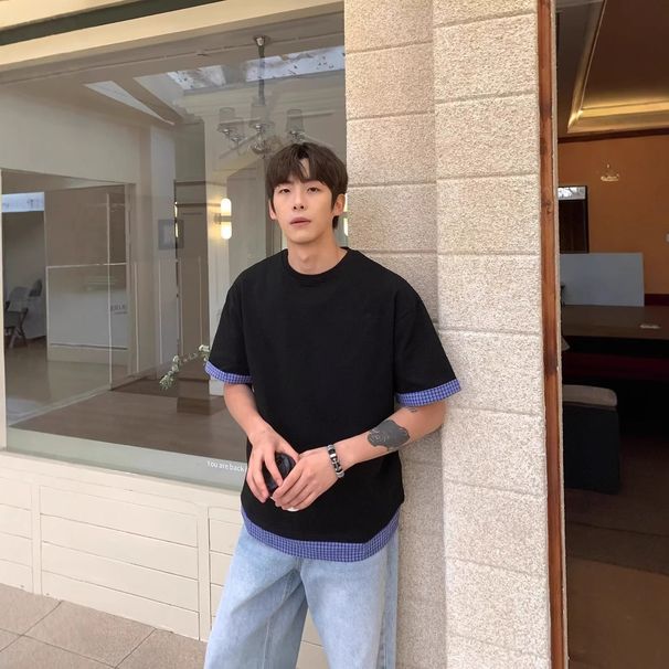 Street Casual Patch Splicing Round Neck Loose Short Sleeved Youth T-shirt_voghion.com