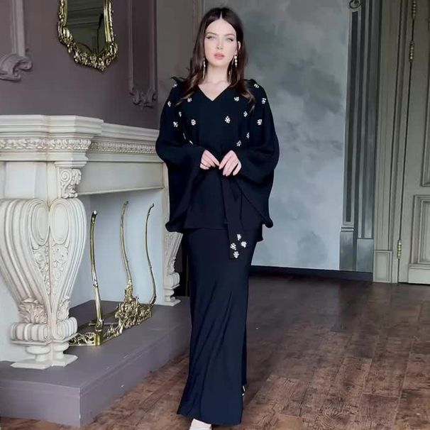 Women's Clothing Tie Waist Long Sleeved Top Bat Skirt Two Piece Suit_voghion.com