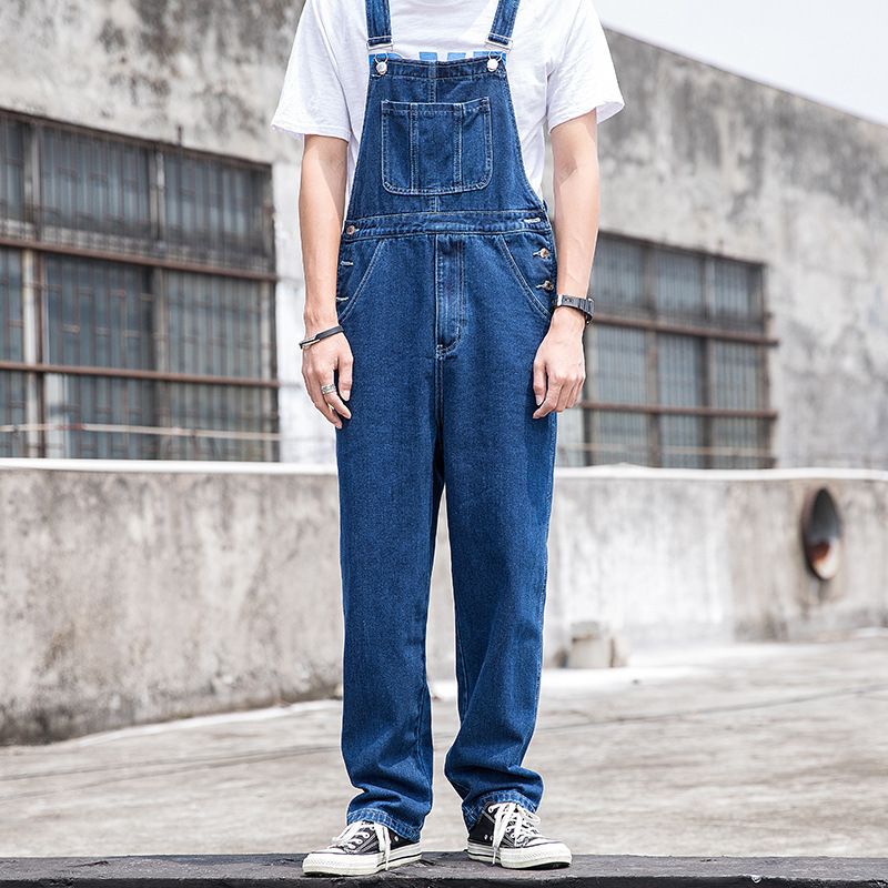 Miesten vaatteet Vaaleansiniset haalarit miesten trendi löysät suorat lahkeet cargo denim henkselit Daddy retro jumpsuit_voghion.com