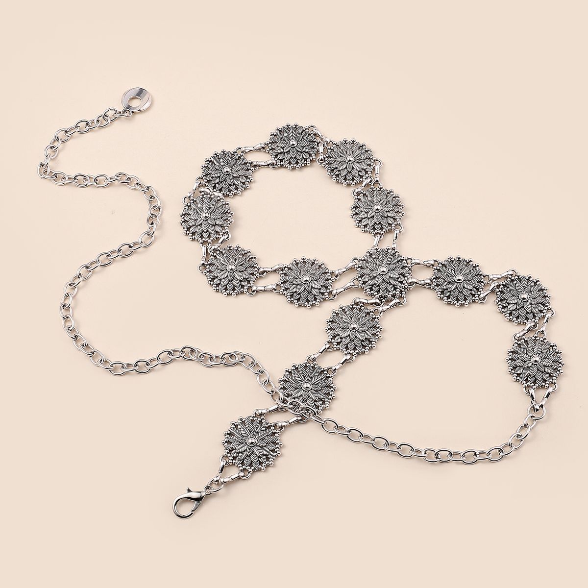 HOT 1pc of 15 Round Leaf Pattern Waist Chain for Women Decorative Thin Belt Matching Dress Sier Bohemia Style Iron Link_voghion.com