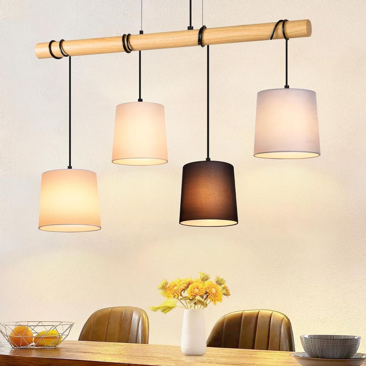 Glitzerlife Pendelleuchte 4 Flammig Hängelampe Vintage - Esszimmerlampe Holz E27 Hängeleuchte Weiß Esstischlampe Aus Stoff Pendellampe Metall Für Arbeitszimmer_voghion.com