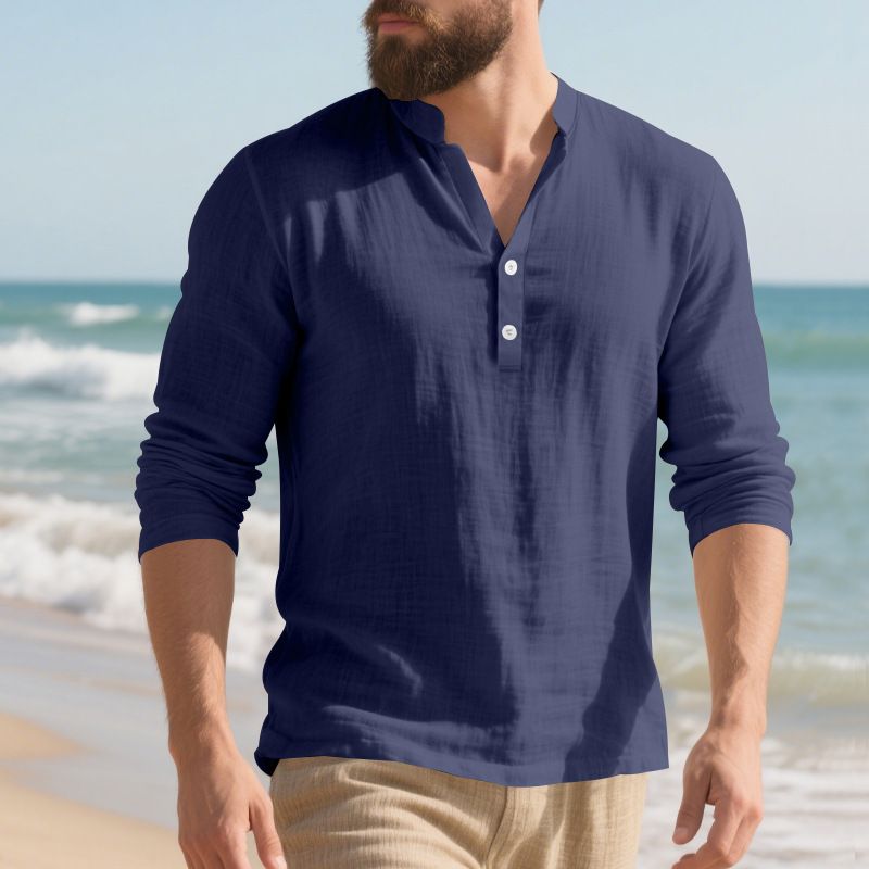Atmungsaktives Langarm-T-Shirt aus Leinen mit Henley-Ausschnitt für Herren – Lockere Passform, lässiger Komfort, unverzichtbar für den Sommer_voghion.com