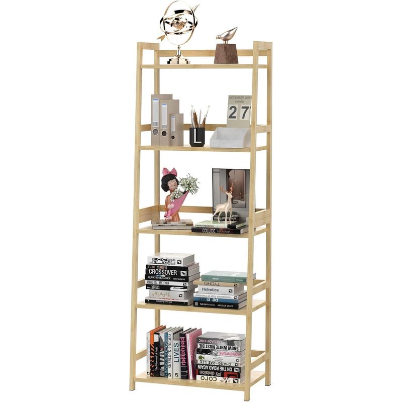 Bookshelf 5 Tiers, Bamboo Bookcase Book Shelf Storage Organizer Modern Display Shelving Unit Tall Book Shelf Corner Storage Rack For Home Office,Living Room,Kitchen,Bedroom,Bathroom, Office,Industrial_voghion.com