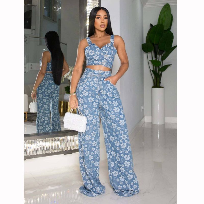 Women's Clothing Autumn And Winter Denim Jacquard Suit Nightclub Wrap Top Wide Leg Pants Suit_voghion.com