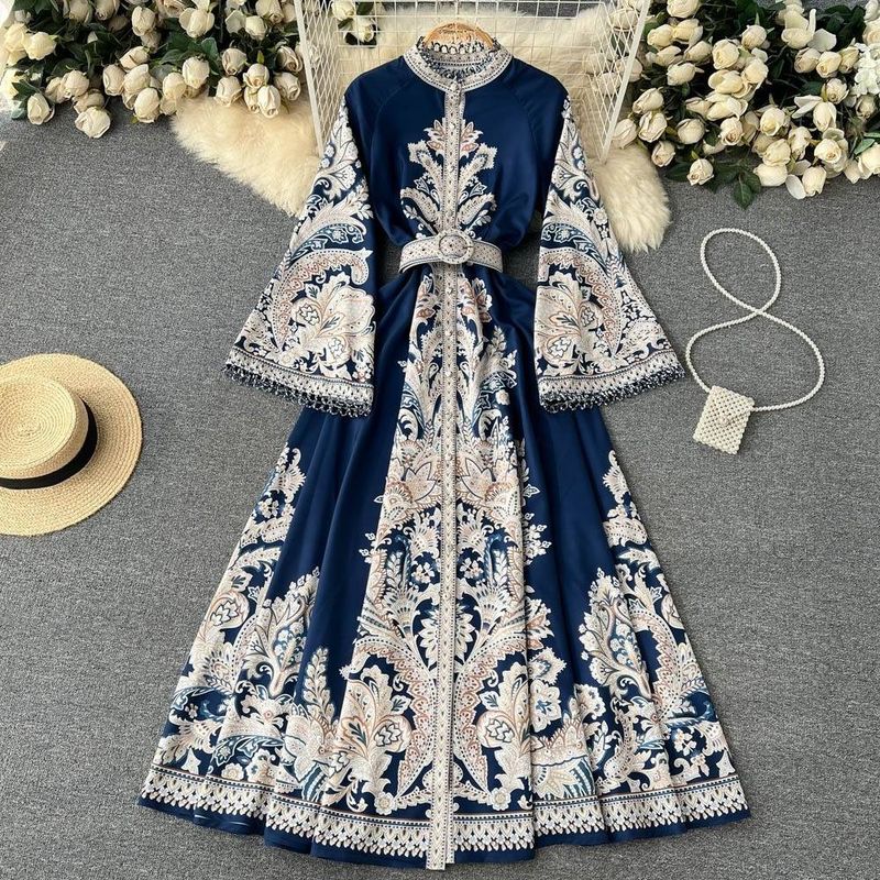Rochie de primăvară pentru femei, stil nou, imprimeu retro, decolteu rotund, mânecă clopot, fustă lungă plisată neregulată, cu un singur nasture, tiv larg_voghion.com