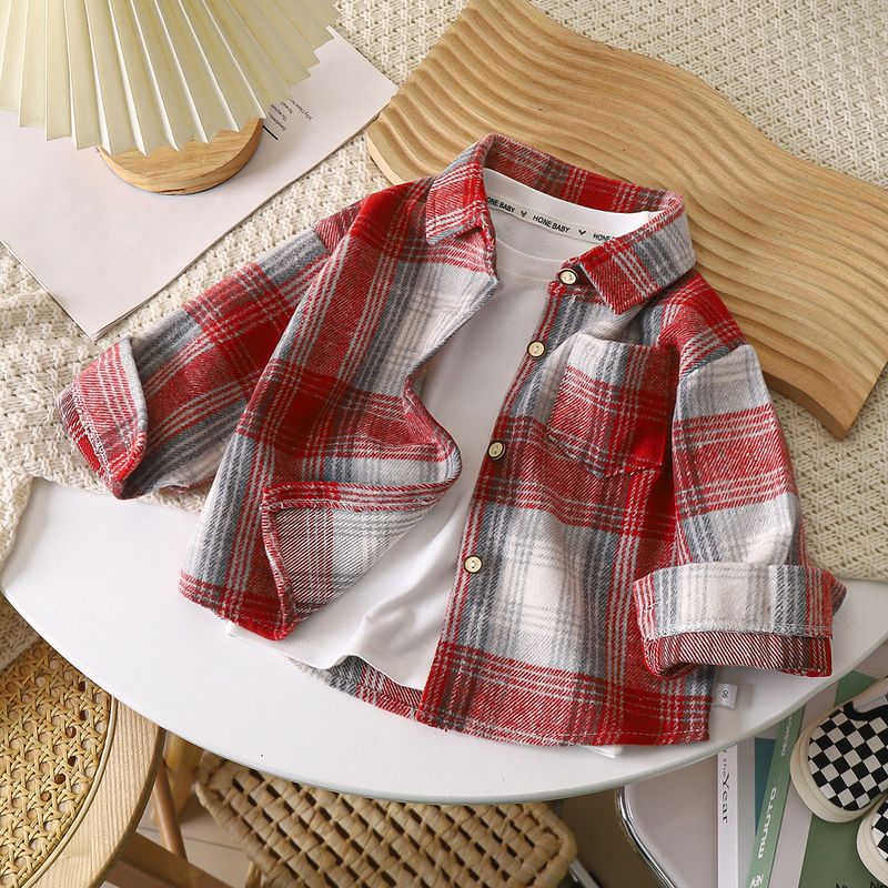 Kid's Clothing Boys' shirt long sleeve autumn plaid shirt children's retro color matching cardigan new style lapel top jacket for girls_voghion.com