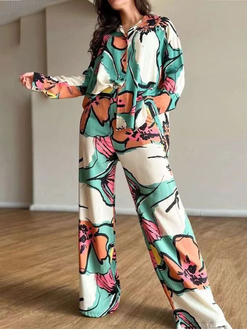 Damenbekleidung Neues Temperament Damenbekleidung großformatiges bedrucktes Pendlerhemd hohe Taille Hosenanzug mit weitem Bein_voghion.com