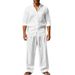 Ensemble de costume décontracté en lin pour homme - Chemise à manches longues et pantalon coupe décontractée - Blanc, noir, gris, kaki, bleu clair (S-XXXL)_voghion.com