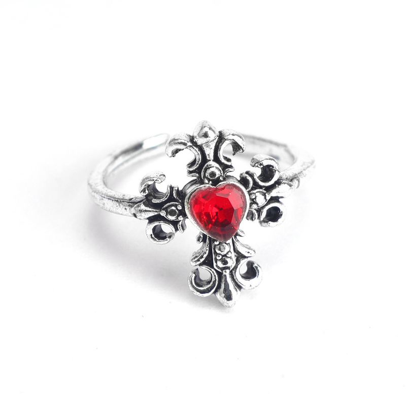 Dunkelgotisches rotes Herzkreuz für Frauen, Nischendesign, High-End-Sinn, personalisierter offener Fingerring_voghion.com
