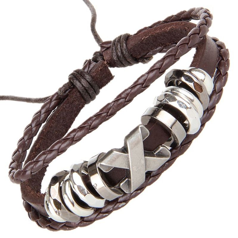 Bracciale multistrato in pelle bovina con lettera X, stile punk rock, da uomo_voghion.com
