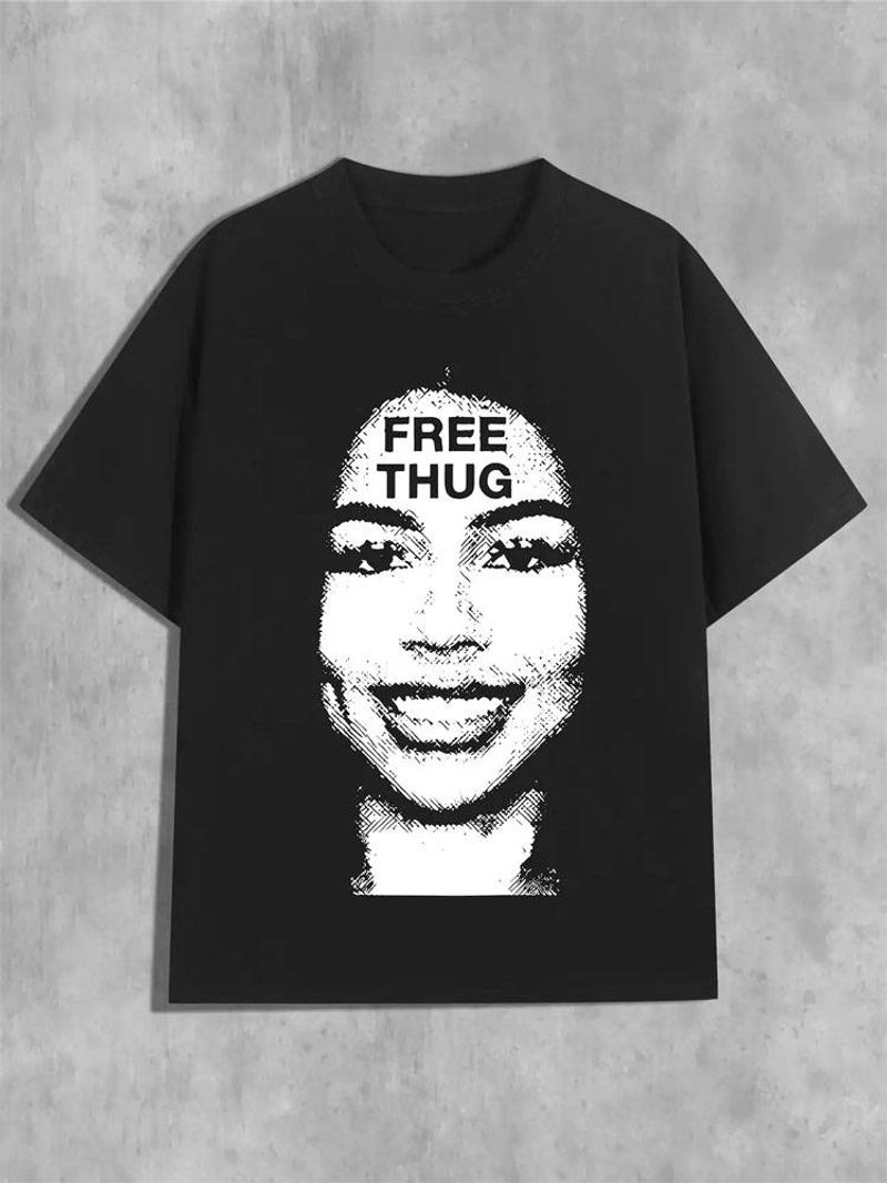Y2K Style Women's 240g Cotton T-shirt, Casual, With Smiling Girl And "FREE HUG" Print, Suitable For All Seasons, Stylish Round Neck, Short Sleeves_voghion.com
