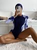Women's Muslim long-sleeved trousers four-piece set marble print zipper high-neck swimsuit with swimming cap_voghion.com