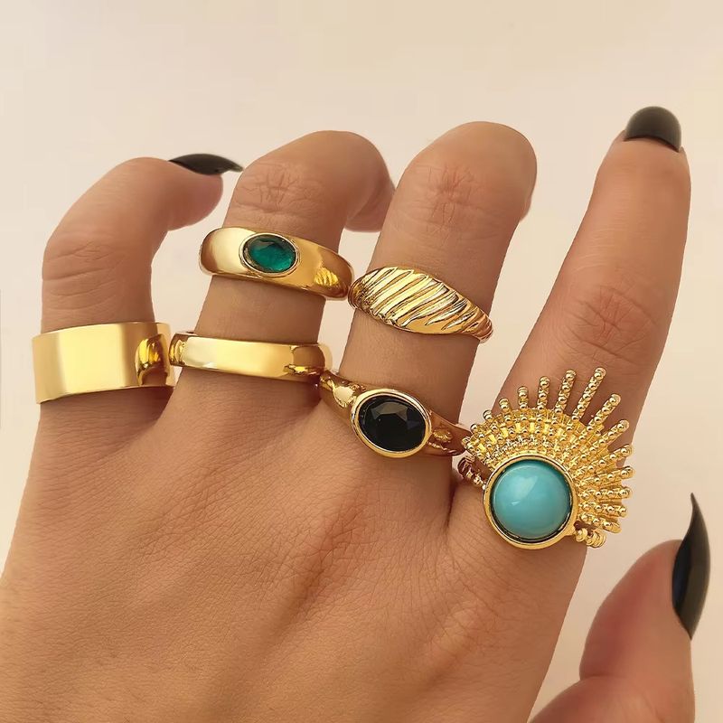 Anillo apilado vintage étnico bohemio para mujer, anillo de metal con piedra natural color esmeralda, redondo y geométrico._voghion.com