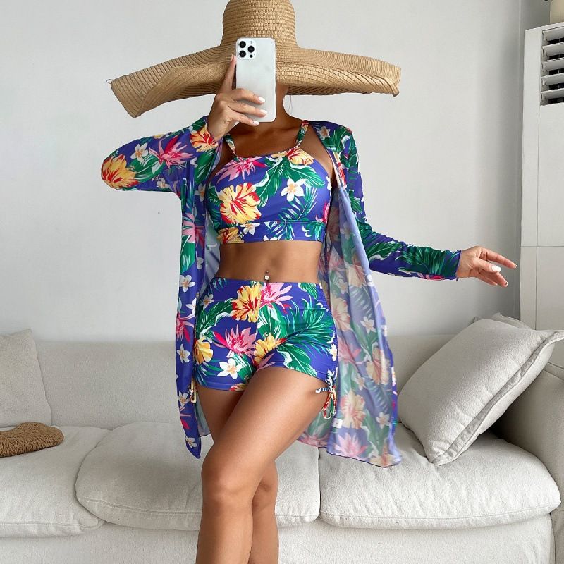 Vêtements pour femmes Maillot de bain fendu trois pièces Boxer Shorts imprimé filet célébrité conservateur_voghion.com