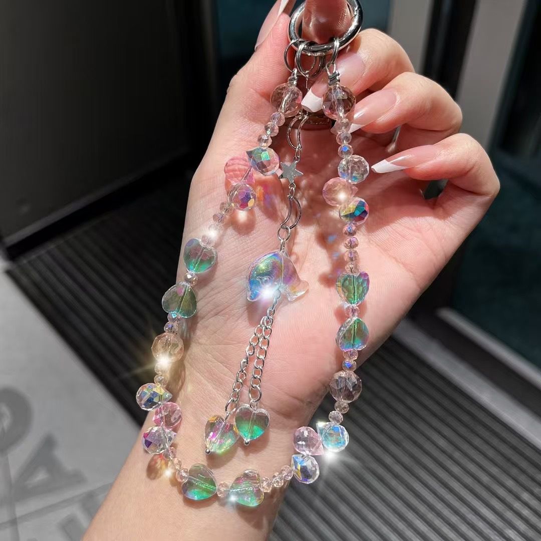 Pacchetti e set di accessori per telefono, cordino da polso corto, personalità creativa, perline di strass, piccolo delfino, ciondolo di perline fatto a mano, luce di lusso_voghion.com