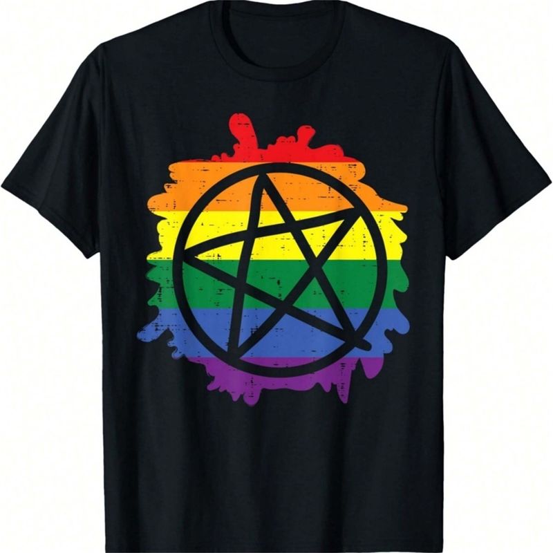 Maglietta con bandiera arcobaleno LGBTQ, pentagramma, gotico satanico, alleato del Gay Pride._voghion.com