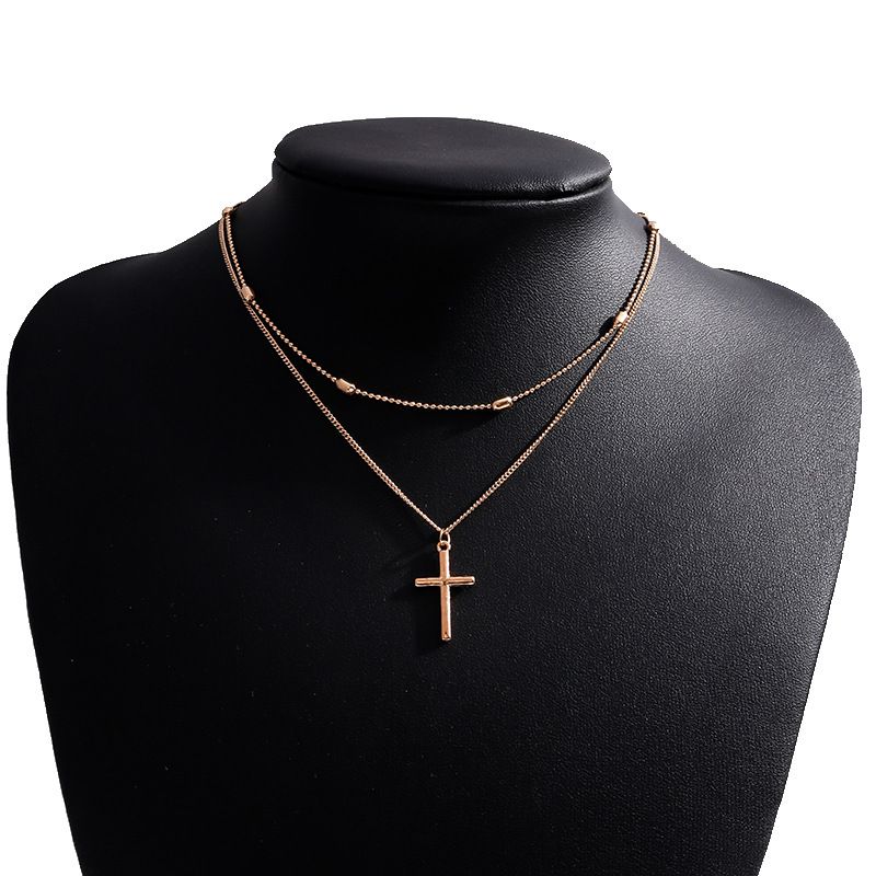 Fashion Trendy Cross Pendant Necklace Metal Geometric Multi-layer Collarbone Chain_voghion.com