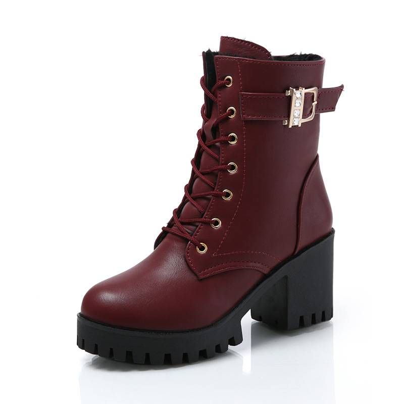 New winter Martens boots for women with round head thick soled waterproof platform high heels lace-up and fleece mid-calf boots_voghion.com