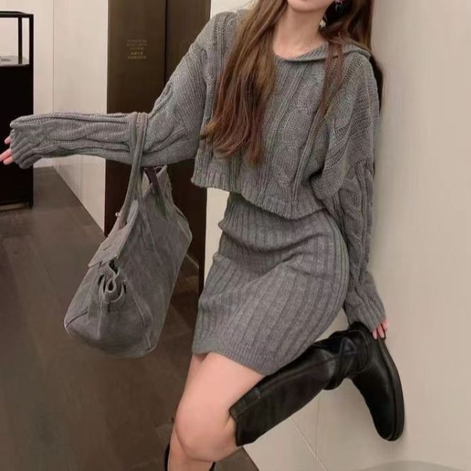 Autumn and winter 2024 new foreign style hooded knting Fried Dough Twists sweater high waist elastic hip wrap skirt_voghion.com