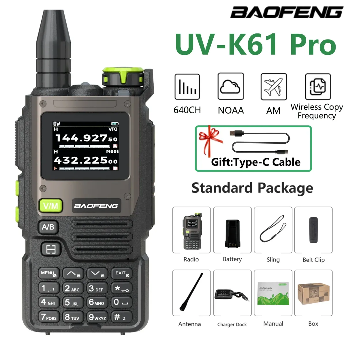 Baofeng UV-K61 Walkie Talkie Type-C Charging BF-K61 Pro NOAA AM FM Wireless Copy Frequency 640 CH 2Tone 5Tone Two Way_voghion.com