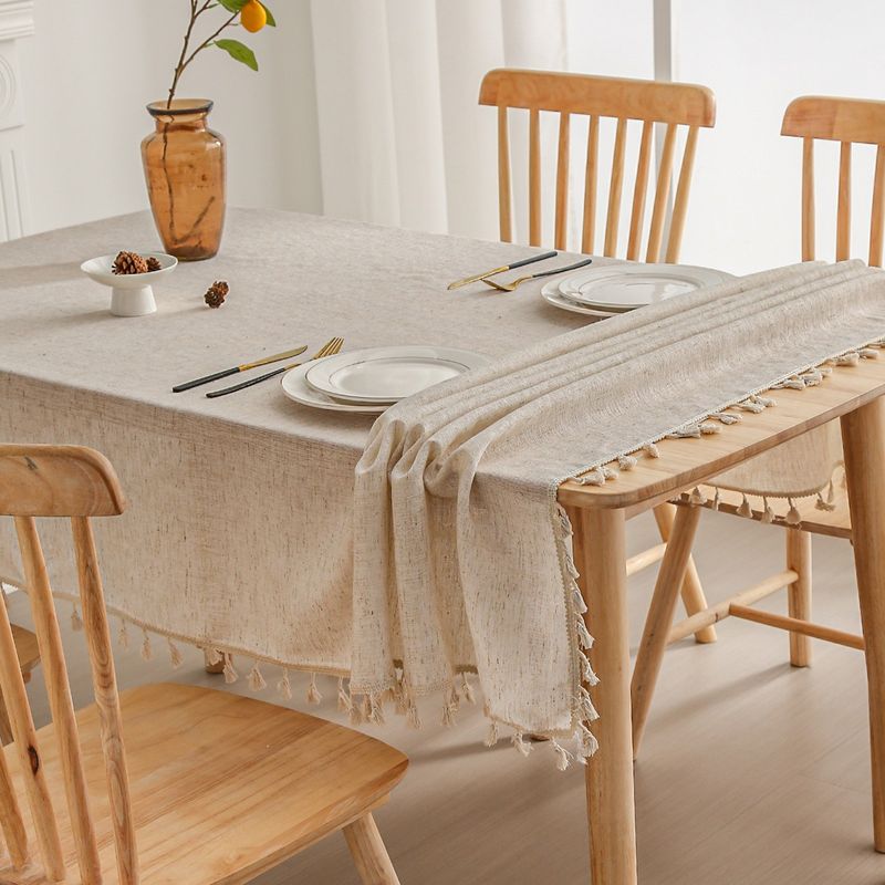 Solid Color Linen Ruffled Tablecloth High Grade Khaki Rectangular Table Mat Tassel Labeling_voghion.com