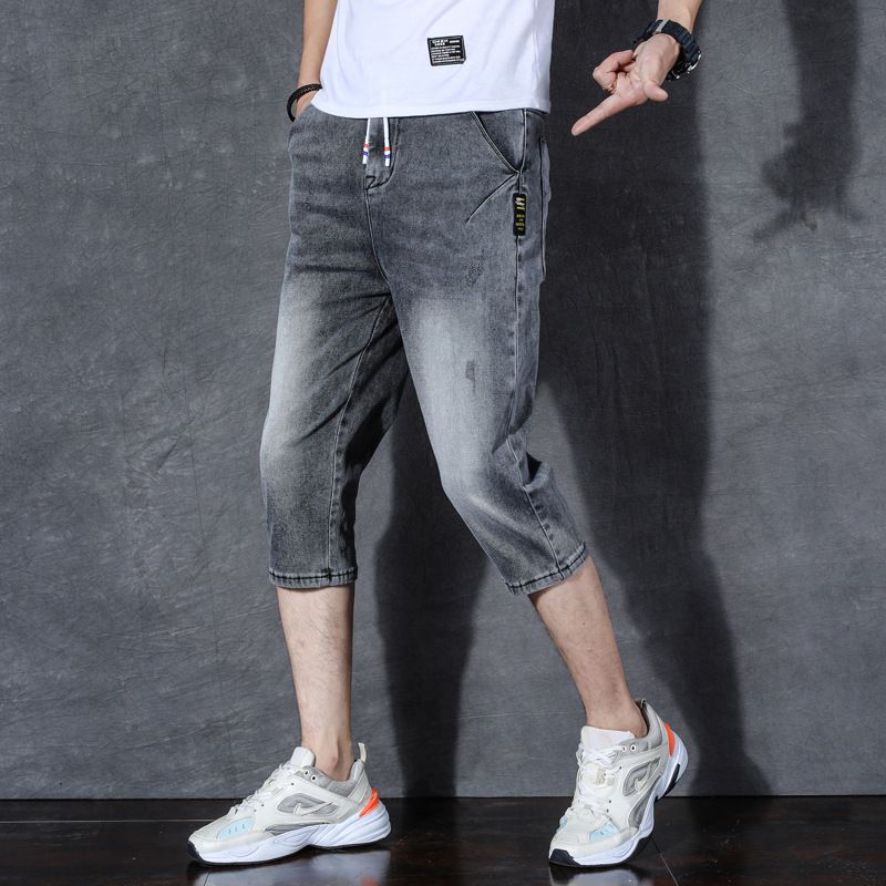 Denim-Sieben-Punkt-Länge, dünne, trendige Bermuda-Shorts für den Sommer, dehnbare, lockere Passform, lässige Haremshose für Herren_voghion.com