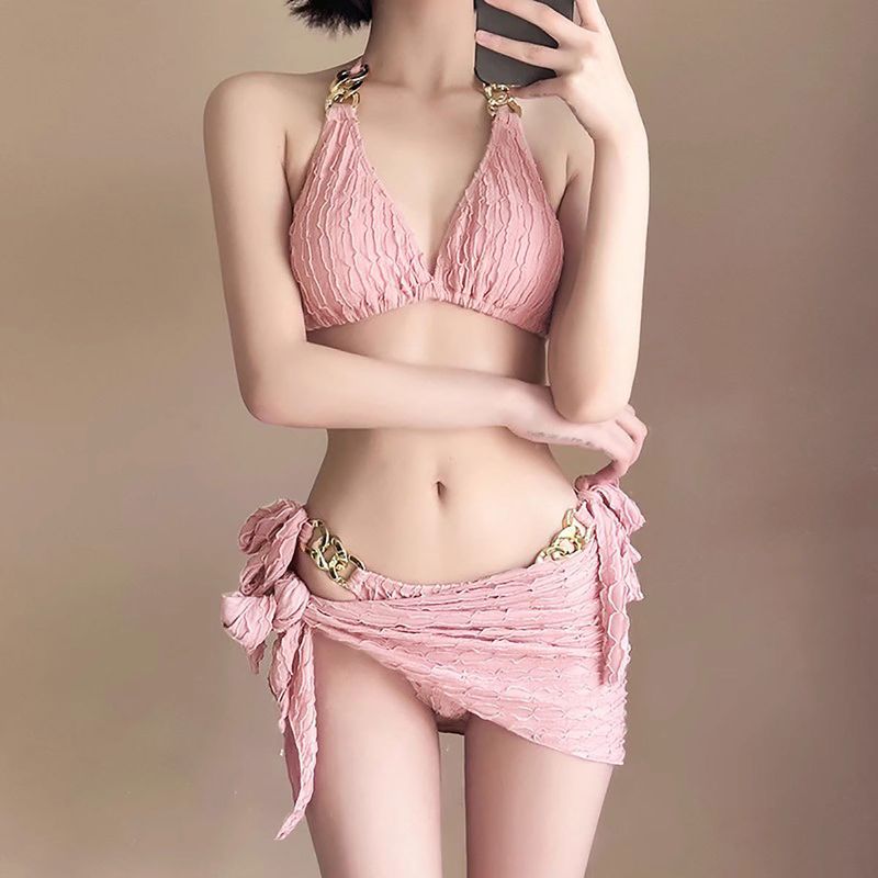 Verve tweedelig badpak voor dames Sexy bikini met sketch Driedelige set Kleine borststrik Geplooid Vakantie Hete lente_voghion.com