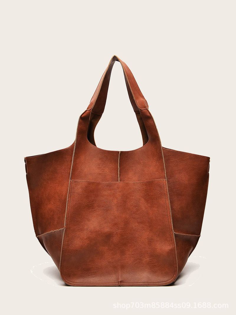 Damentaschen einfache große Tasche weiches Leder große Kapazität eine Schulter Handtasche Einkaufstasche handgemachte pflanzlich gegerbte Damentasche PG21_voghion.com