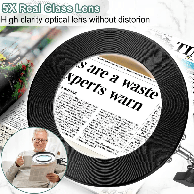 Dimmable LED Desk Lamp with 5X Magnifier Glass and Swing - Flexible Clamp-on Design with 3 Color Modes for Illuminated Reading and Crafting_voghion.com