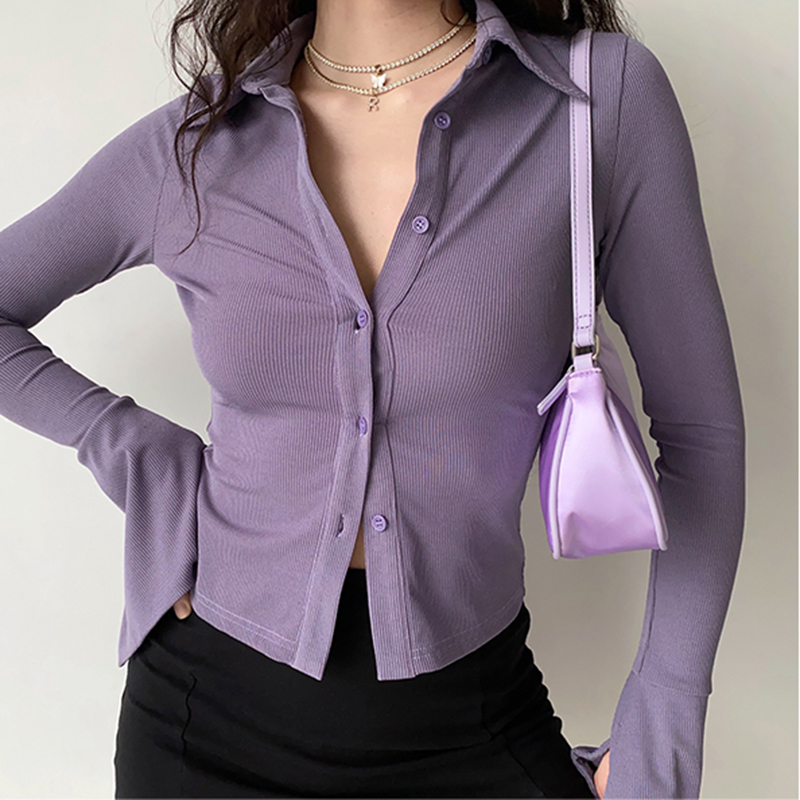 Blouses polo revers simple boutonnage col évasé chemise à manches unies cinq couleurs femmes mince à manches longues décontracté_voghion.com