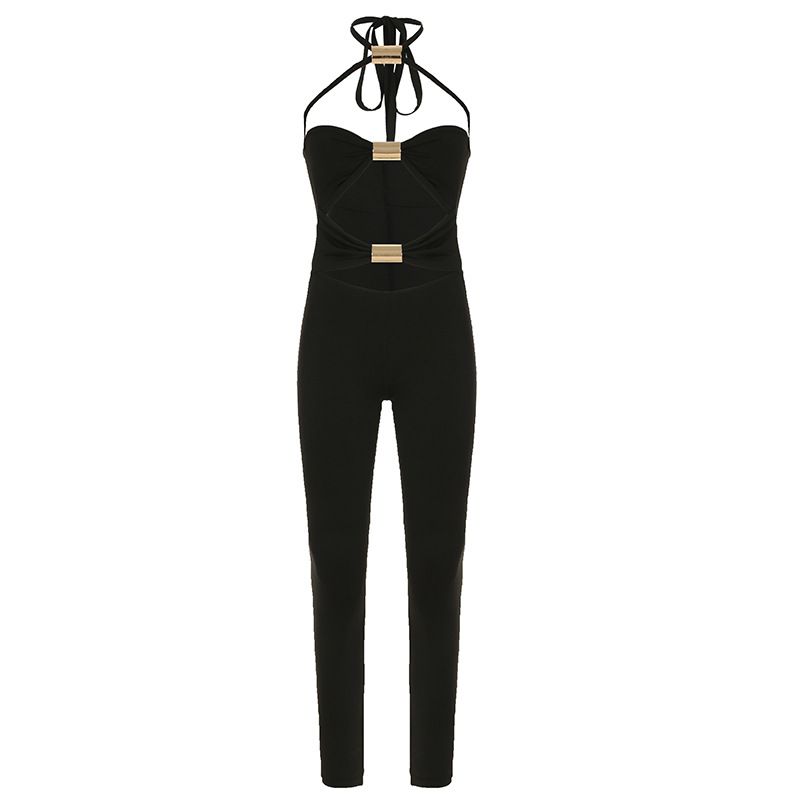 Damenbekleidung Metallrohr Spleißen Hohl Neckholder Sexy Jumpsuit Einfarbige Hosenträger Rückenfreie Hose_voghion.com