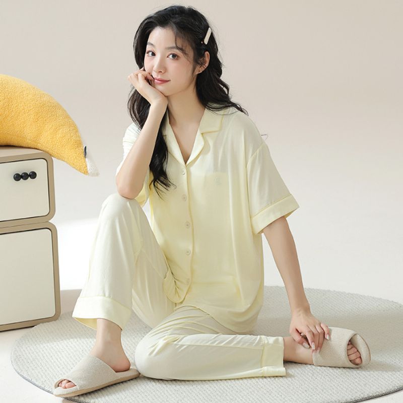 Modal 2024 Summer New Internet Celebrity Solid Color Loose Simple Short Sleeve Thin Outfit Home Clothing Set_voghion.com