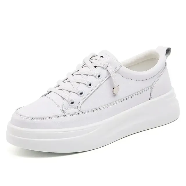 Γνήσιο Δερμάτινο Γυναικείο Κορεατικό Μικρό Λευκό Άνοιξη-Καλοκαίρι Σφουγγάρι Κέικ με Χοντρές Σόλες και Δαντέλα Αθλητικά Παπούτσια_voghion.com