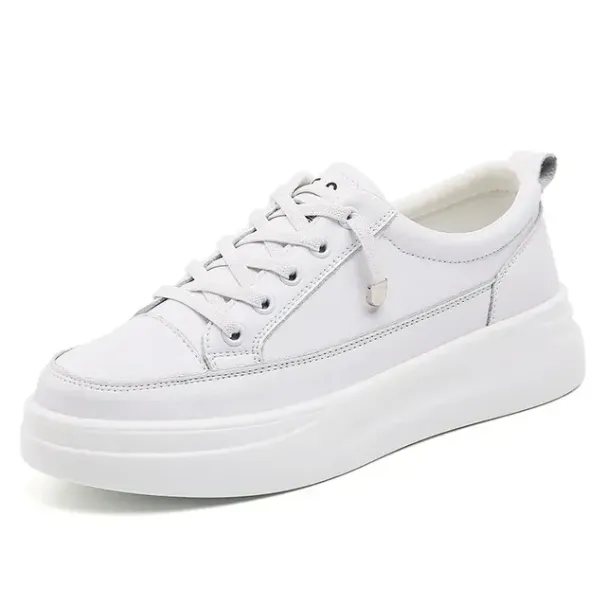 Γνήσιο Δερμάτινο Γυναικείο Κορεατικό Μικρό Λευκό Άνοιξη-Καλοκαίρι Σφουγγάρι Κέικ με Χοντρές Σόλες και Δαντέλα Αθλητικά Παπούτσια_voghion.com