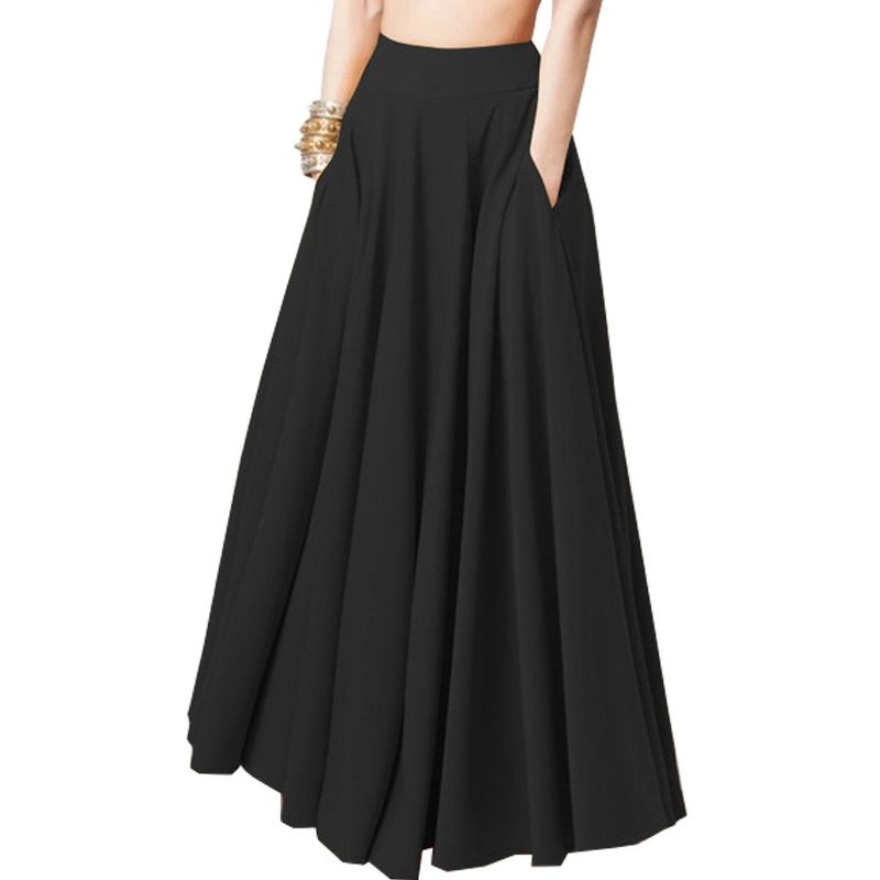 Einfarbiges halblanges Damenkleid mit Falten und elastischen Taillenröcken_voghion.com