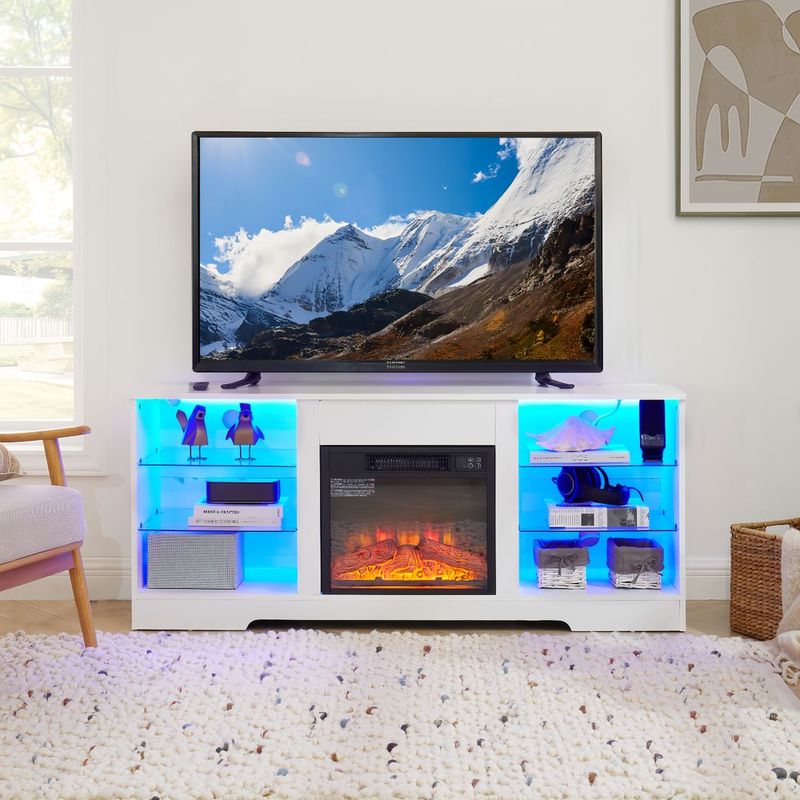 TV Stand Electric Fireplace TV Stand With Glass Shelves, 3D Fireplace TV Stand With LED Lights Wood With USB Charging Outlet Modern Television Table_voghion.com