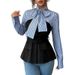 Elegante, gestreifte Bluse im Zweiteiler-Look – Bürobluse aus Polyester-Spandex-Mischgewebe mit Schößchensaum (S/M/L/XL, Langarm, Rundhalsausschnitt, taillierte Passform)_voghion.com