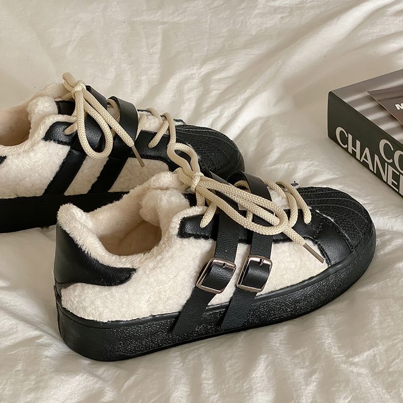 Add velvet shell head women's shoes 2023 autumn and winter retro academy wind cake color sports shoes warm woolen shoes Comfortable flats_voghion.com