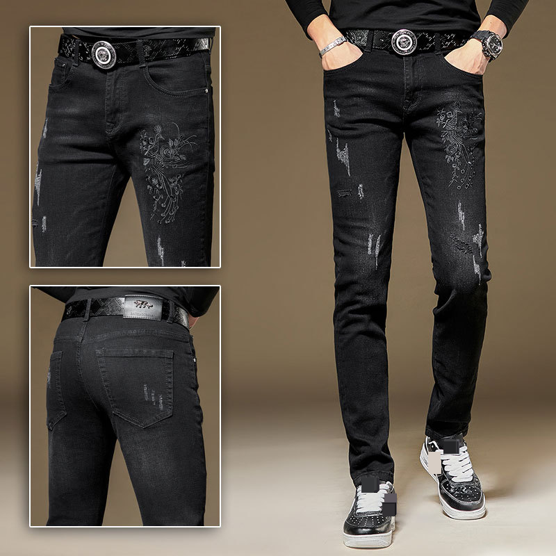 Herrenbekleidung Frühling und Sommer neue bestickte Jeans für Herren schmal geschnittene, schmal geschnittene Herrenhose schwarze Herrenhose_voghion.com