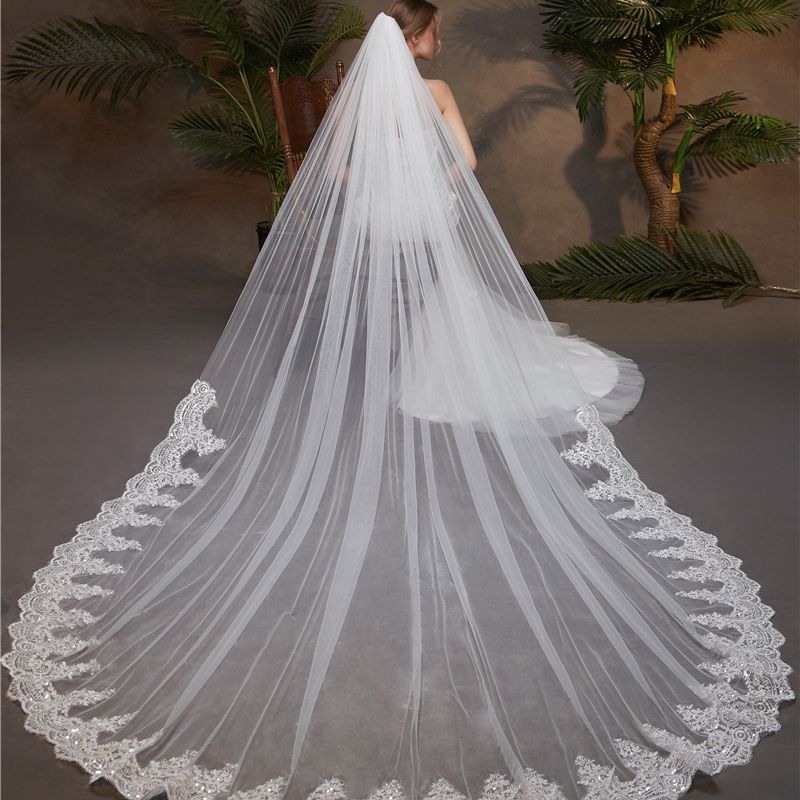 Naisten vaatteet, hääasusteet, 3 metriä, kampa, yksi kerros pitkää pitsipaljettihuntua_voghion.com