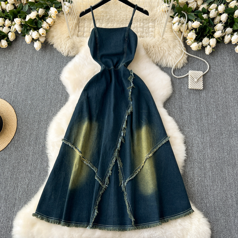 Women's Clothing Retro Distressed Denim Suspender Dress For Women Niche Design Elegant Tube Top Tassel Suspender Dress_voghion.com