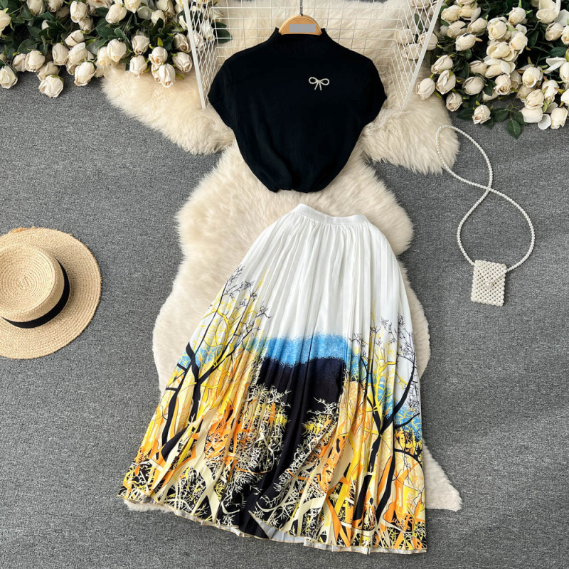 Completo due pezzi per donna, stile Ins, estivo, con top corto in maglia e gonna plissettata stampata di media lunghezza._voghion.com