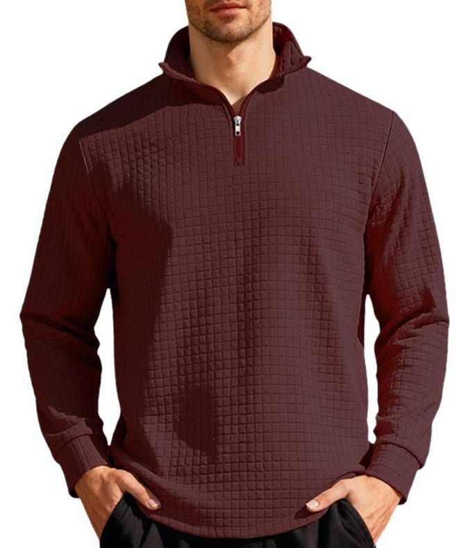 Felpa in maglia a nido d'ape con colletto rialzato, mezza zip, a scacchiera, in jacquard, casual, sportiva, con colletto rialzato e mezza zip._voghion.com