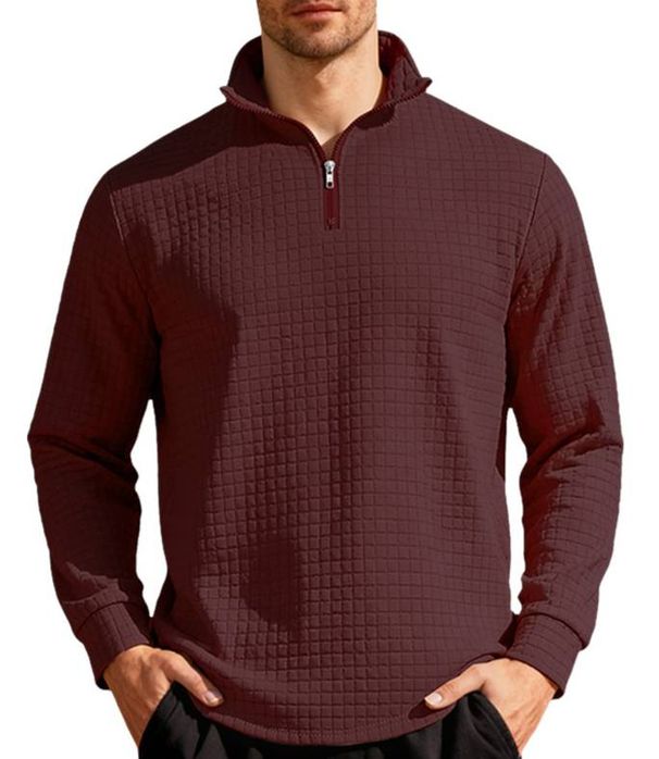 Felpa in maglia a nido d'ape con colletto rialzato, mezza zip, a scacchiera, in jacquard, casual, sportiva, con colletto rialzato e mezza zip._voghion.com