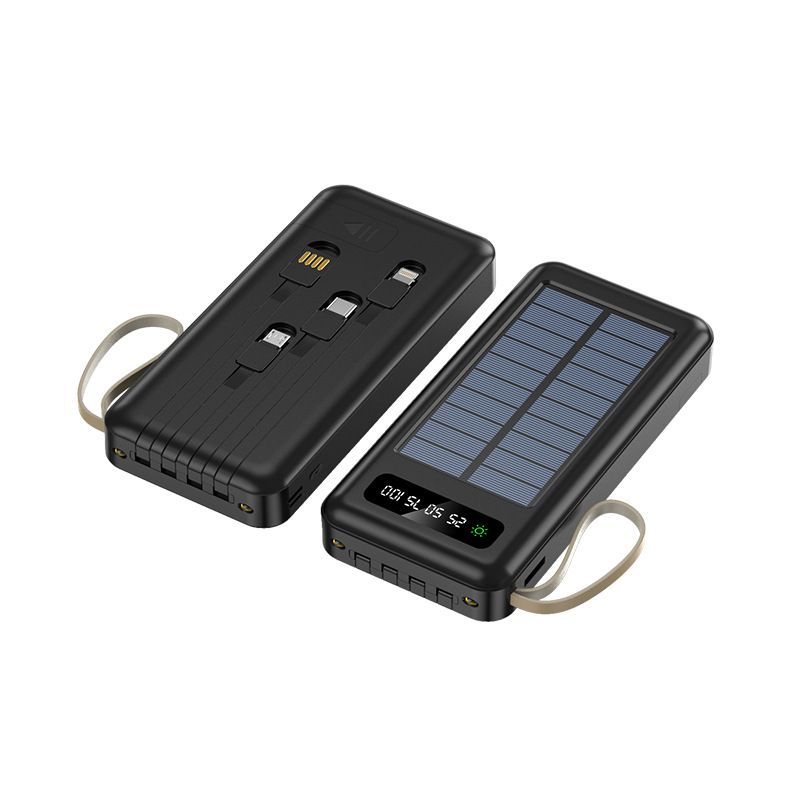 Kodi Solar Powerbank 30000mAh met ingebouwde kabels, draagbare oplader voor kamperen, wandelen, reizen, noodback-up (zwart/wit)_voghion.com