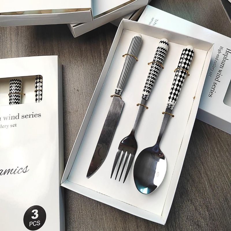Internet Celebrity New Hepburn Style Tableware Ceramic Stainless Steel High-end Household Knife Fork Spoon Supermarket_voghion.com