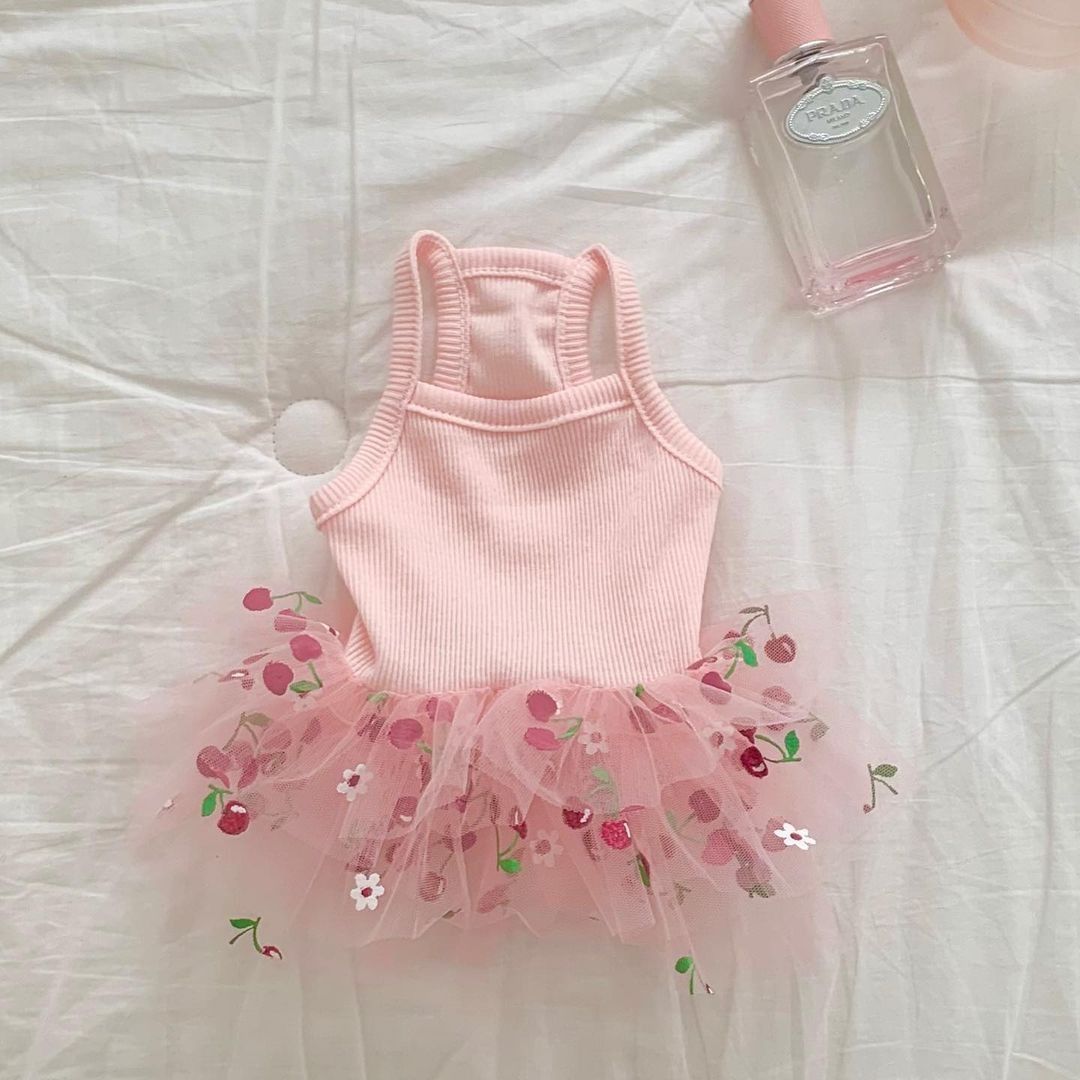 Spring Summer New Dog Puffy Dress Cat Teddy Bichon Yorkshire Pomeranian Jumpsuit Cherry Print Clothes_voghion.com