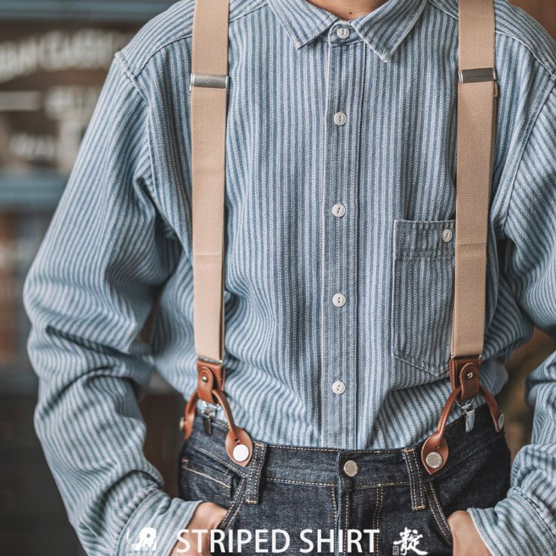 New retro vertical collar workwear denim shirt men's striped loose pocket shirt autumn_voghion.com