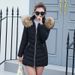 Women's long slim-fitting cotton-padded jacket with large fur collar and down-padded jacket_voghion.com